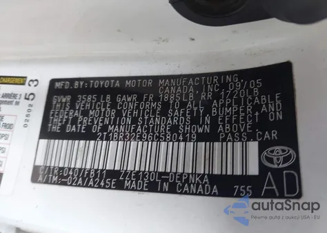 2006 Toyota Corolla Le from USA, damaged, VIN 2T1BR32E96C580419